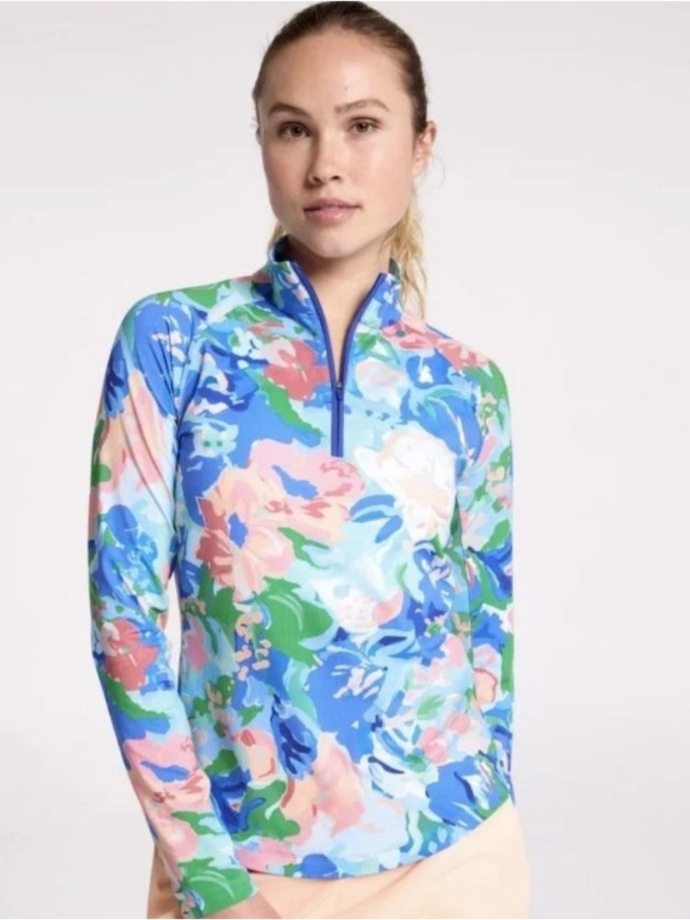 Floral Half-Zip Performance Top - abstract floral pattern. UPF 50